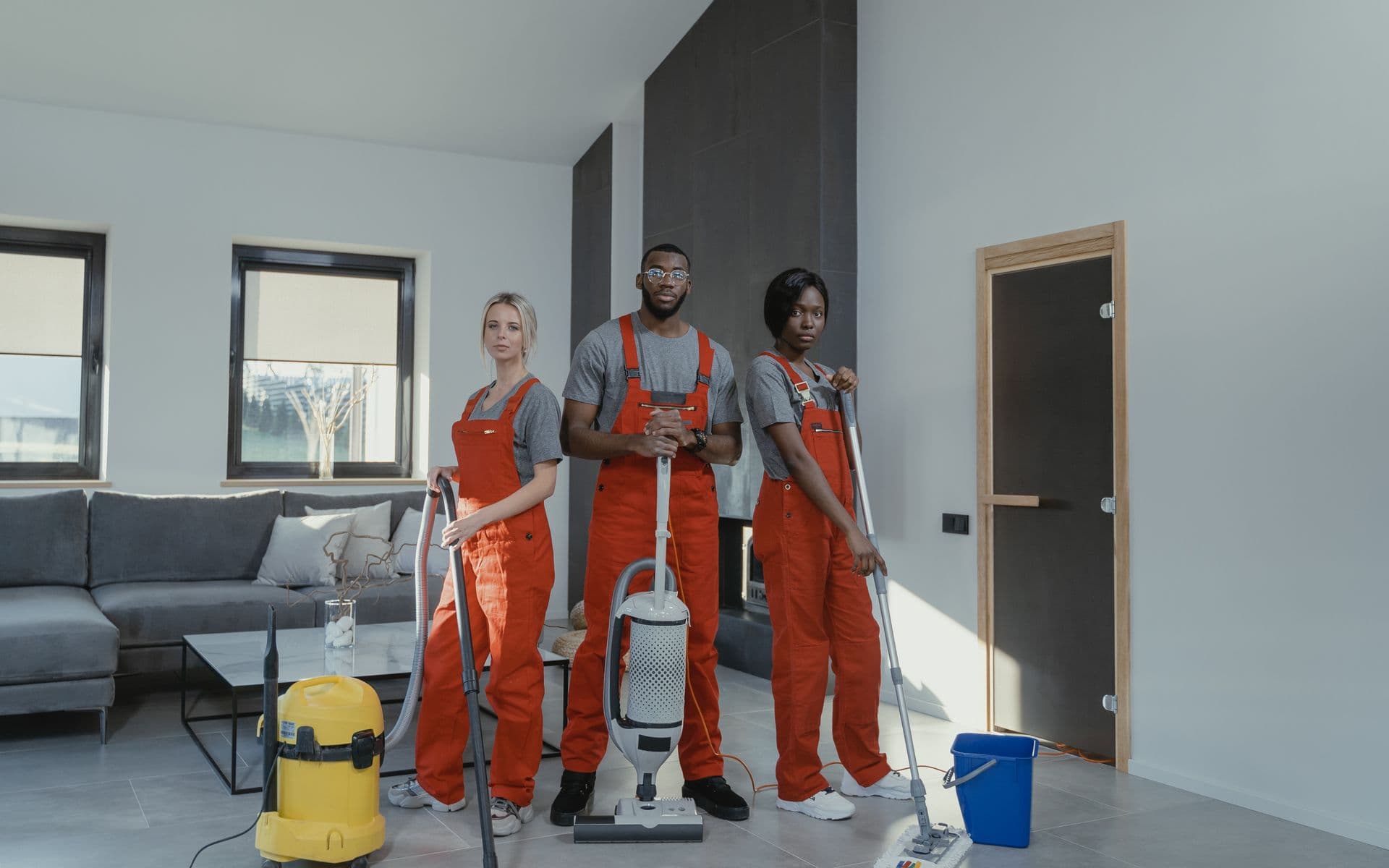 Cleaning team working in a commercial building